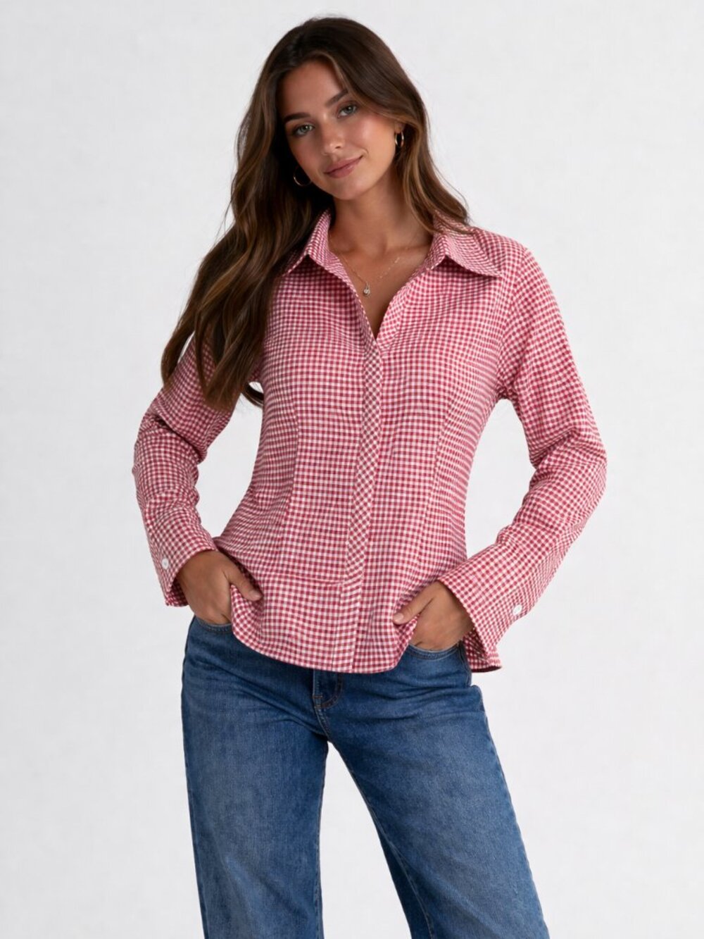 Classic Red & White Gingham Check Full Sleeves Front Zip Top Size S Cottagecore
